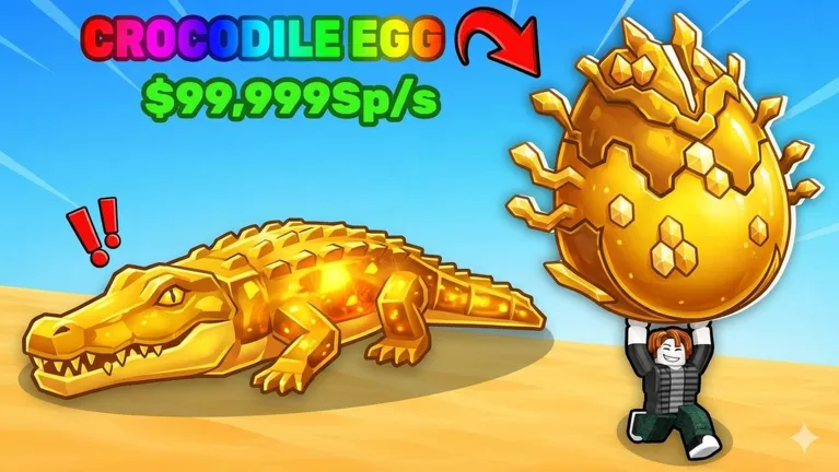 Miniatura del juego: un jugador levanta un huevo dorado gigante junto a un cocodrilo dorado